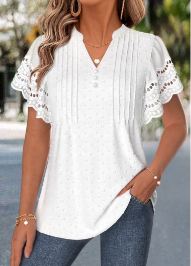 women clothes image of White Curved Hem Short Sleeve Split Neck T Shirt