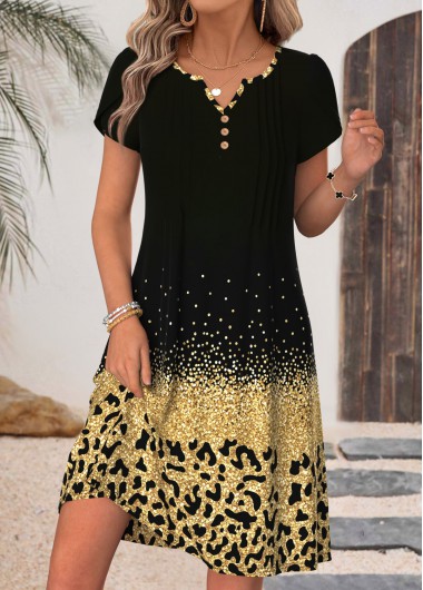 women clothes image of Black Leopard Short Tuck Stitch Split Neck Dress