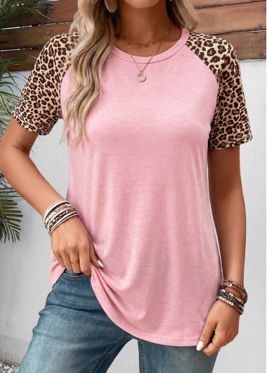 women clothes image of Light Pink Leopard Patchwork Short Sleeve T Shirt