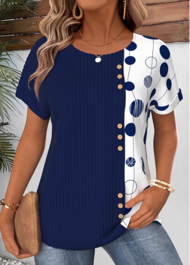 women clothes image of Navy Polka Dot Patchwork Short Sleeve T Shirt
