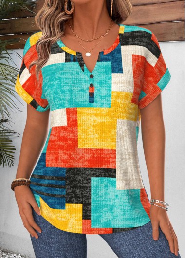 women clothes image of Multi Color Geometric Print Button Short Sleeve T Shirt