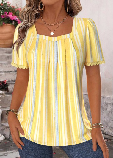 women clothes image of Yellow Multi Stripe Print Tummy Coverage T Shirt