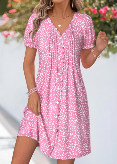 women clothes image of Pink Geometric Print Short Tuck Stitch V Neck Dress