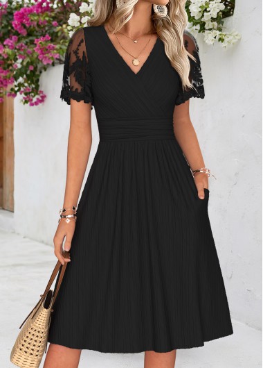 women clothes image of Black Patchwork Short Sleeve V Neck Dress