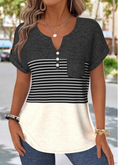 women clothes image of Multi Color Striped Patchwork Short Sleeve Split Neck Blouse