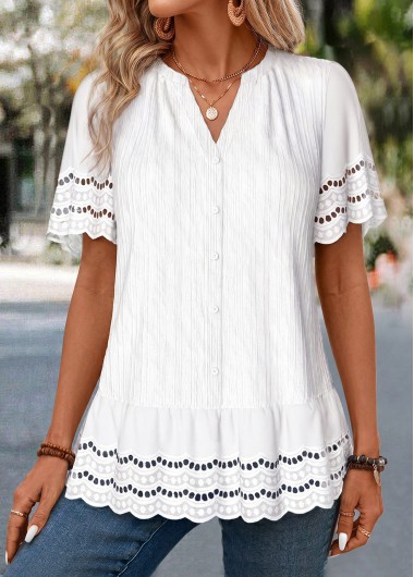 women clothes image of White Shirred Half Sleeve Split Neck Blouse