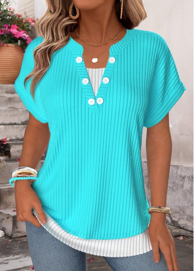 women clothes image of Blue Fake 2in1 Short Sleeve Split Neck T Shirt