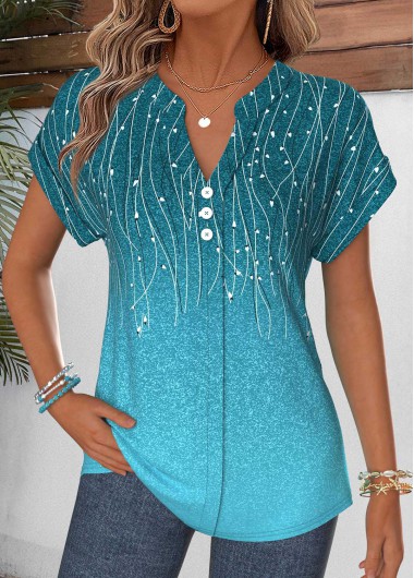 women clothes image of Cyan Leaf Print Patchwork Short Sleeve Split Neck Blouse