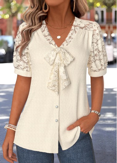 women clothes image of Beige Shirred Short Sleeve V Neck Blouse