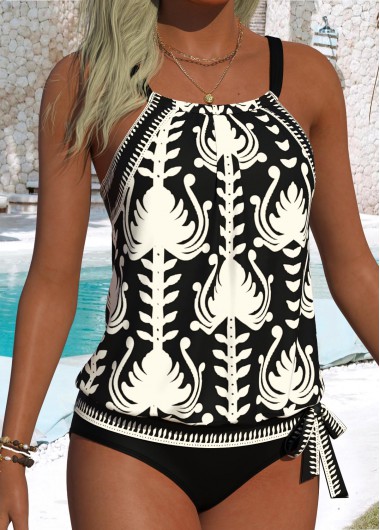 women clothes image of Coral Mid Waisted Blouson Tribal Print Tankini Set