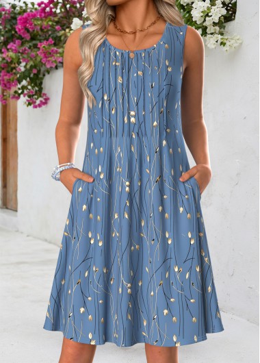 women clothes image of Blue Floral Print Short Tuck Stitch Sleeveless Dress