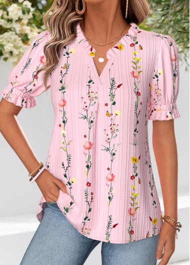 women clothes image of Pink Floral Print Corset Short Sleeve Split Neck Blouse