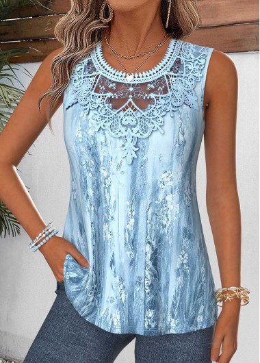 women clothes image of Dusty Blue Random Floral Print Curved Hem Tank Top