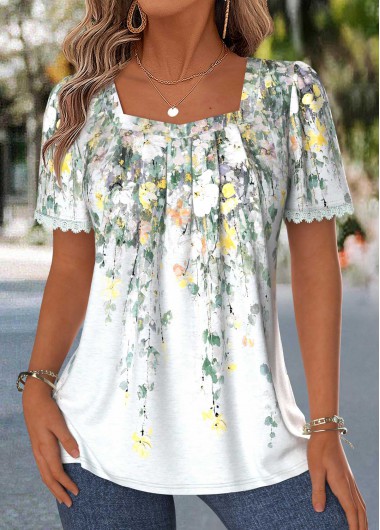 women clothes image of Multi Color Floral Print Pleated Short Sleeve Blouse