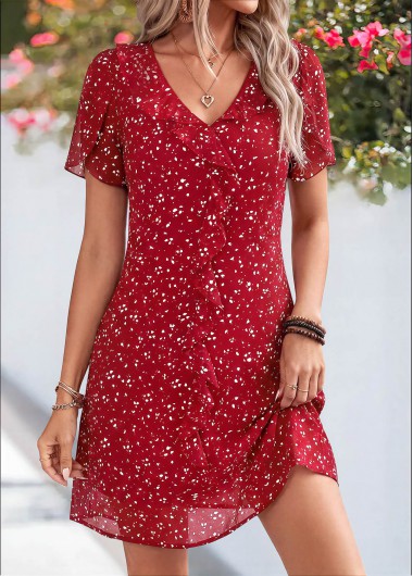 women clothes image of Red Polka Dot Short Layered V Neck Dress