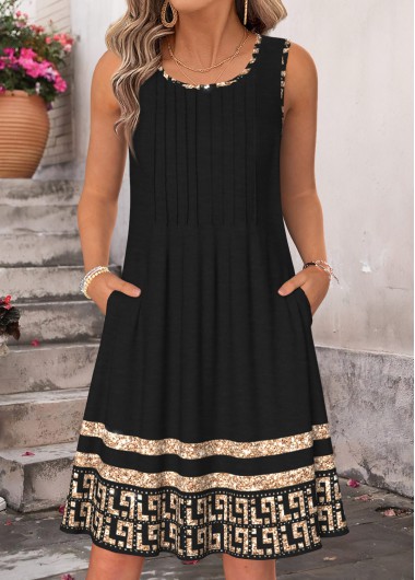 women clothes image of Black Tribal Print Tuck Stitch Sleeveless Round Neck Dress