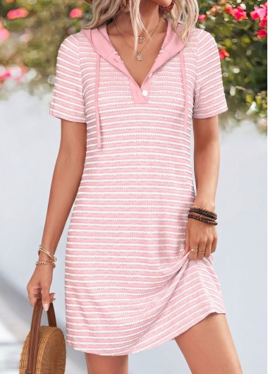 women clothes image of Pink Striped Short Tummy Coverage Hooded Dress