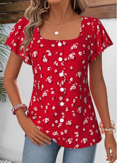 women clothes image of Red Floral Print Curved Hem Short Sleeve Blouse