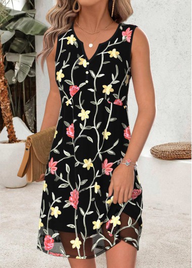 women clothes image of Black Floral Print Short Tummy Coverage Sleeveless Dress