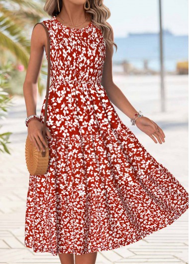 women clothes image of Red Ditsy Floral Print Smocked Sleeveless Round Neck Dress