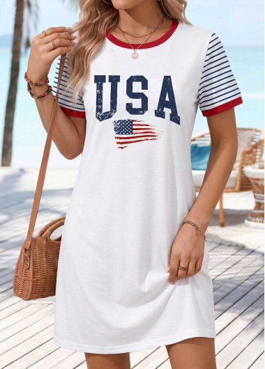 women clothes image of White Letter Print Short Contrast Piping Round Neck Dress