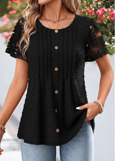 women clothes image of Black Curved Hem Short Sleeve Round Neck Blouse