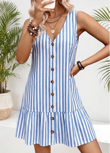 women clothes image of Light Blue Striped Short Tummy Coverage Sleeveless Dress