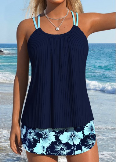 women clothes image of Navy Mid Waisted Lace Up Floral Print Tankini Set