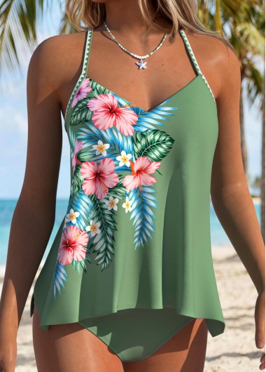 women clothes image of Pink Mid Waisted Layered Tropical Plants Print Tankini Set