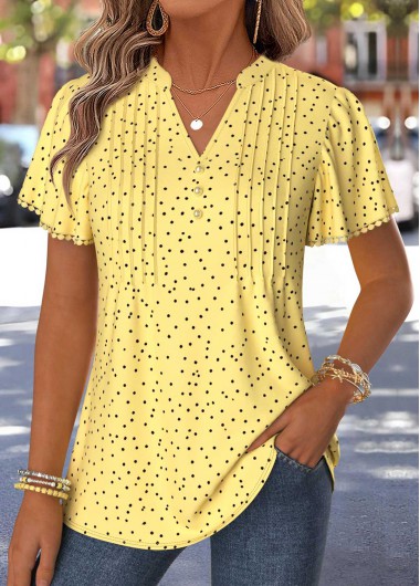 women clothes image of Yellow Polka Dot Curved Hem Short Sleeve T Shirt