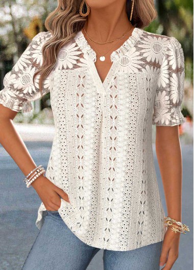 women clothes image of Beige Patchwork Short Sleeve Split Neck Blouse