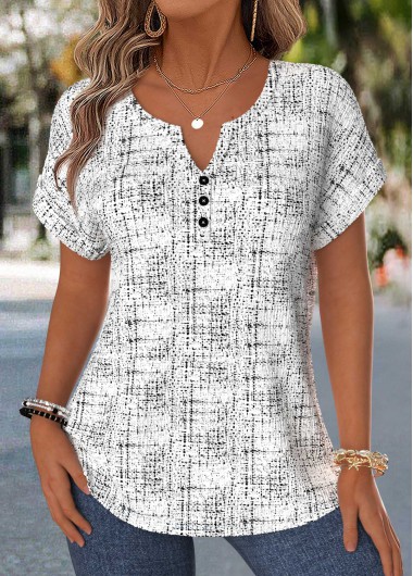 women clothes image of Raw White Geometric Print Tummy Coverage Short Sleeve Blouse