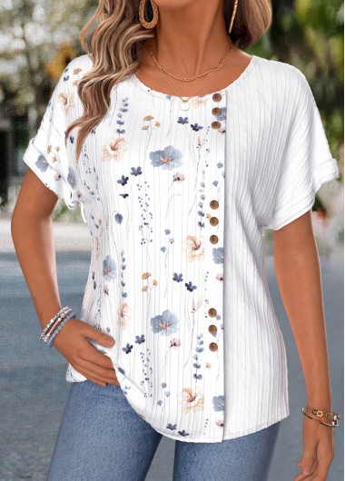 women clothes image of White Floral Print Button Short Sleeve T Shirt