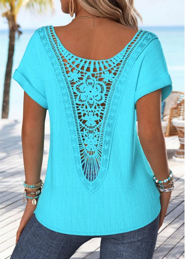 women clothes image of Cyan Patchwork Short Sleeve Boat Neck T Shirt