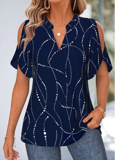 women clothes image of Navy Geometric Print Curved Hem Half Sleeve Blouse