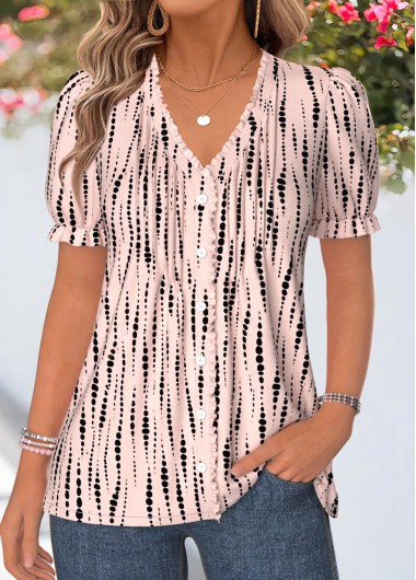 women clothes image of Light Pink Geometric Print Frill Short Sleeve T Shirt