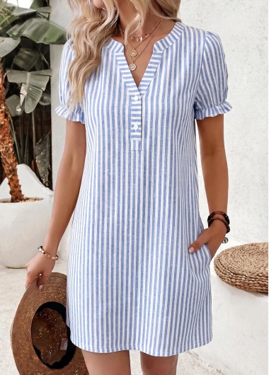 women clothes image of Blue Striped Short Double Side Pockets Split Neck Dress