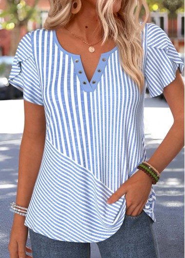 women clothes image of Blue Striped Eyelet Short Sleeve Split Neck T Shirt