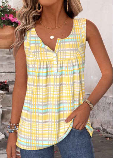 women clothes image of Light Yellow Plaid Shirred Sleeveless Round Neck Tank Top