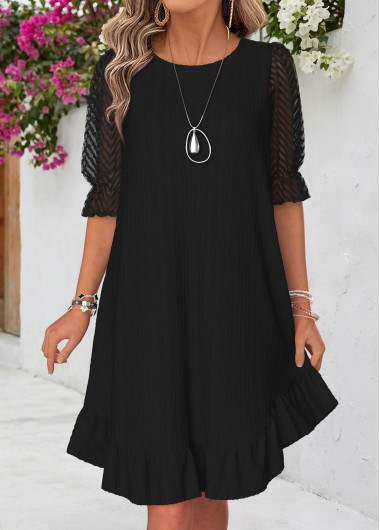 women clothes image of Black Patchwork Half Sleeve Round Neck Dress