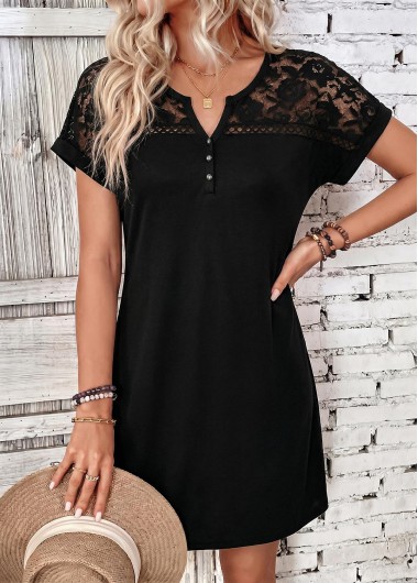 women clothes image of Black Short Patchwork Split Neck Dress