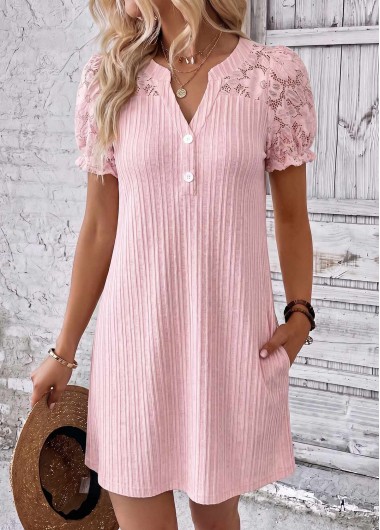 women clothes image of Light Pink Short Shirred Split Neck Dress