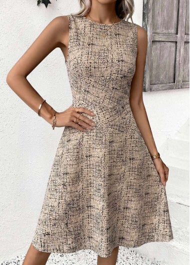 women clothes image of Light Coffee Geometric Print Tummy Coverage Sleeveless Dress