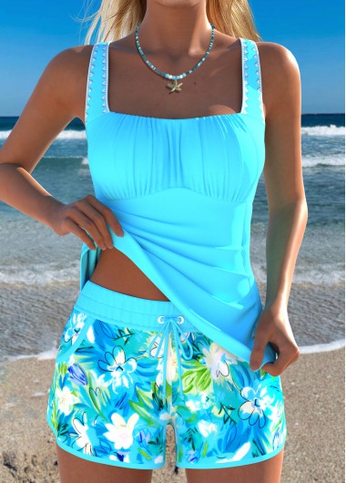 women clothes image of Blue Mid Waisted Two-piece Floral Print Tankini Set