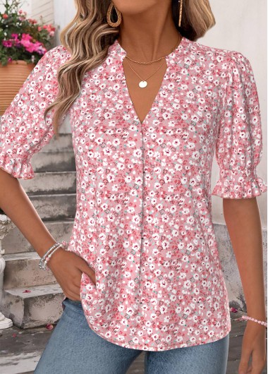 women clothes image of Pink Ditsy Floral Print Shirred Half Sleeve Blouse