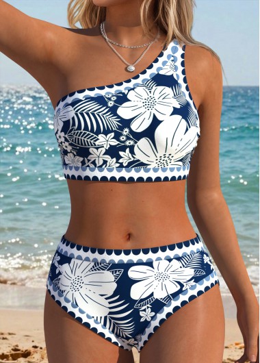 women clothes image of Navy Mid Waisted Patchwork Floral Print Bikini Set