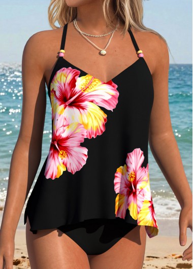 women clothes image of Black Tummy Coverage Floral Print Tankini Top