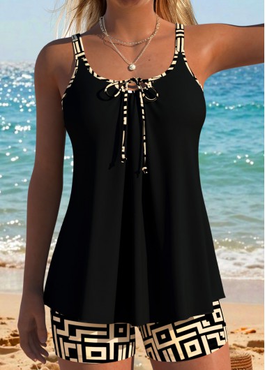 women clothes image of Black Mid Waisted Lace Up Geometric Print Tankini Set