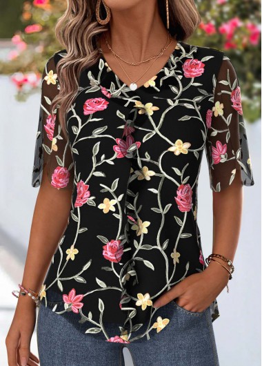 women clothes image of Black Floral Print Ruffle Half Sleeve V Neck Blouse