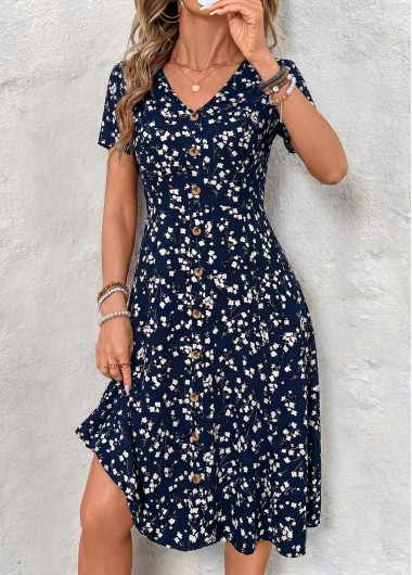 women clothes image of Navy Floral Print Tummy Coverage Short Sleeve Dress